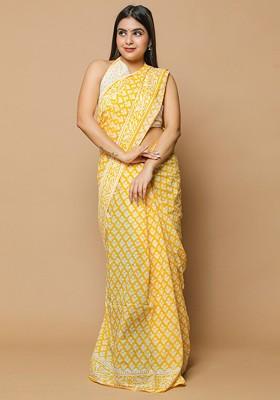 Yellow Embroidered Blended Saree Set