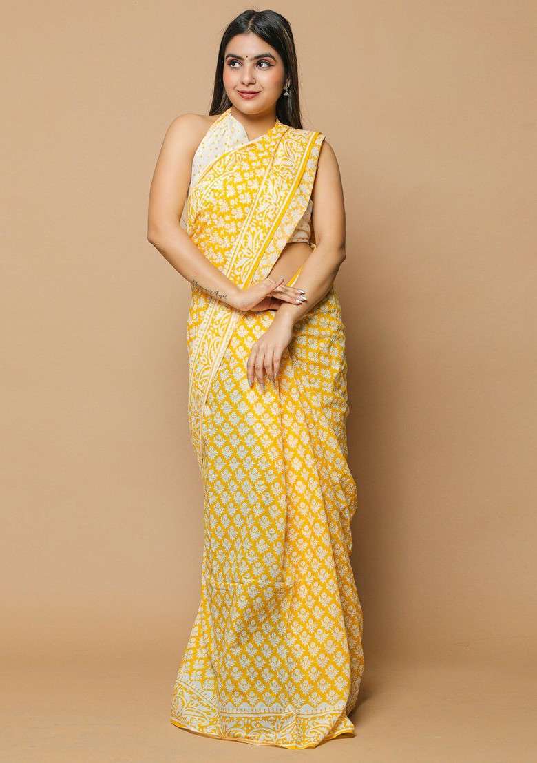 Yellow Embroidered Blended Saree Set - Indya