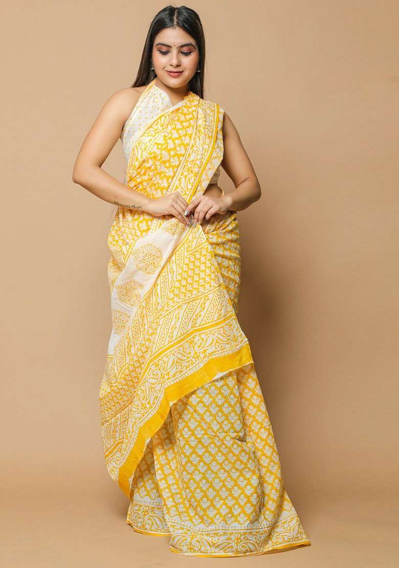 Yellow Embroidered Blended Saree Set - Indya