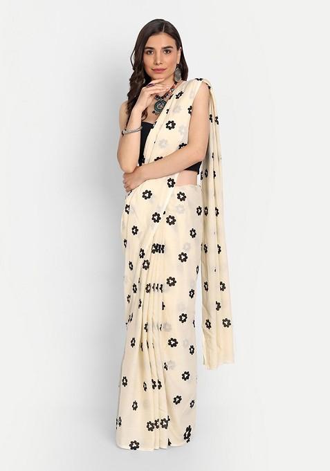 Beige Printed Blended Saree Set
