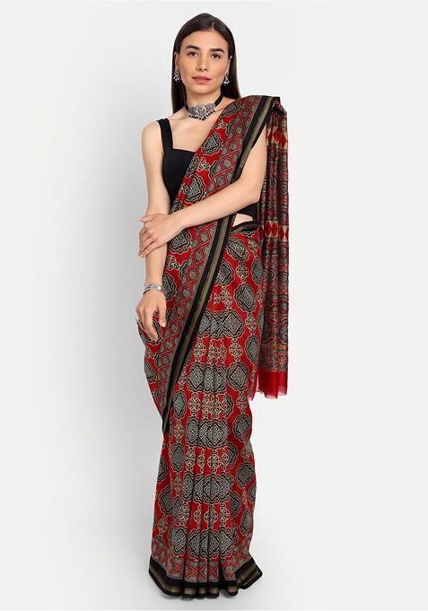 Red Printed Blended Saree Set