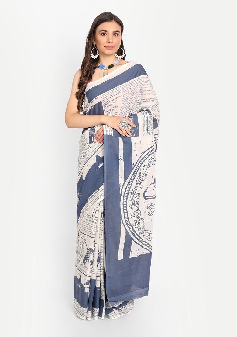 Blue Printed Blended Saree Set