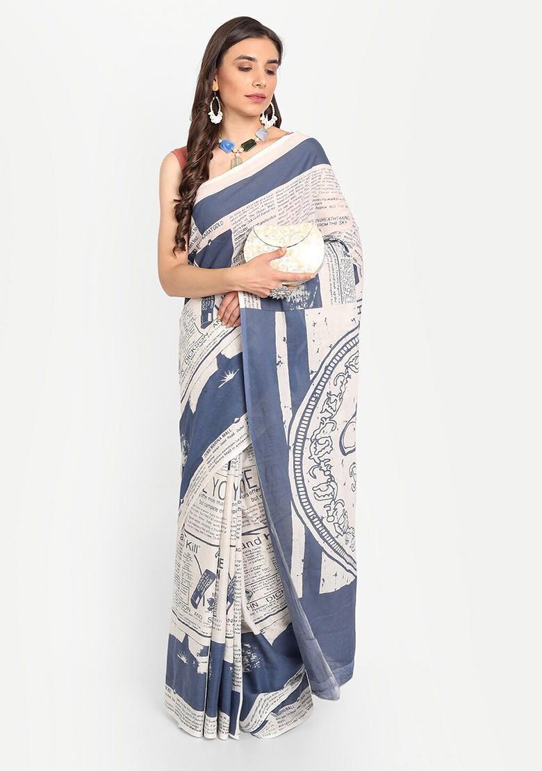 Blue Printed Blended Saree Set