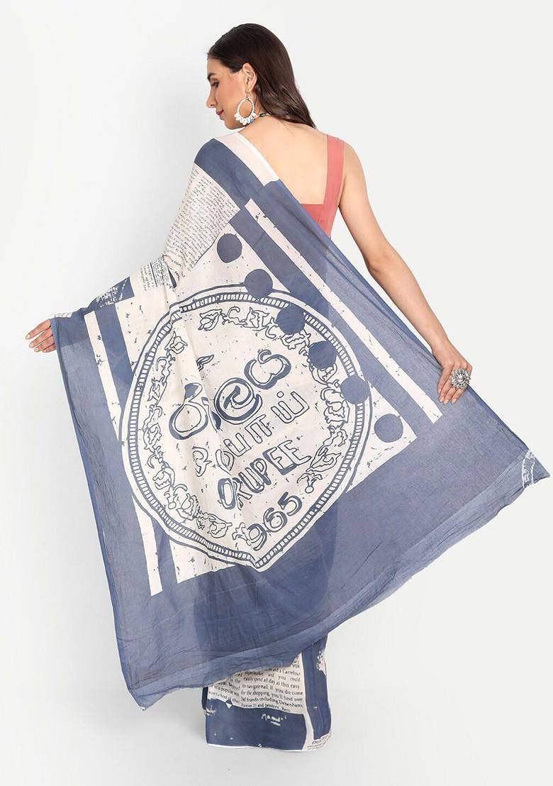 Blue Printed Blended Saree Set