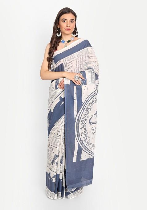 Blue Printed Blended Saree Set