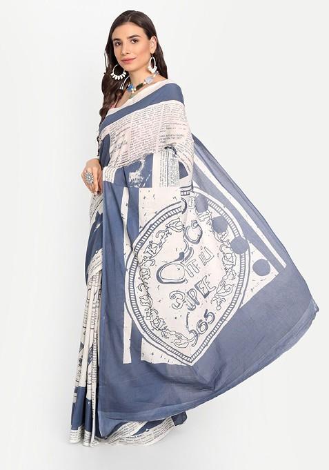 Blue Printed Blended Saree Set
