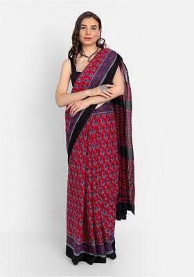 Maroon Printed Blended Saree Set