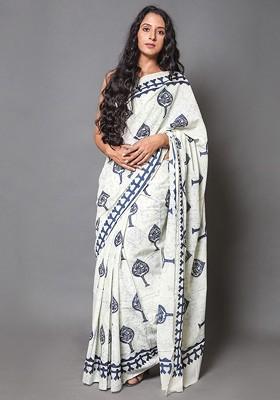 Off White Printed Blended Saree Set