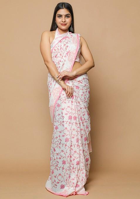 Pink Printed Blended Saree Set