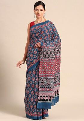 Navy Blue Printed Blended Saree Set
