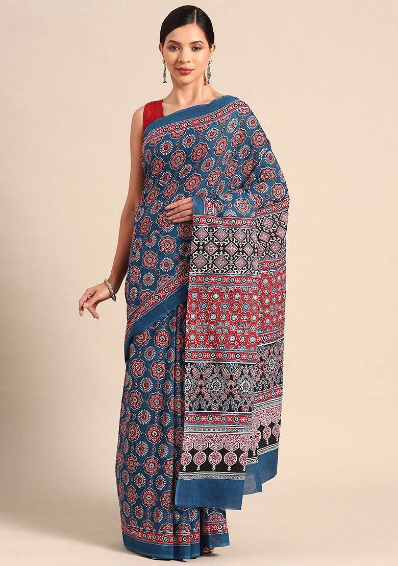 Navy Blue Printed Blended Saree Set - Indya
