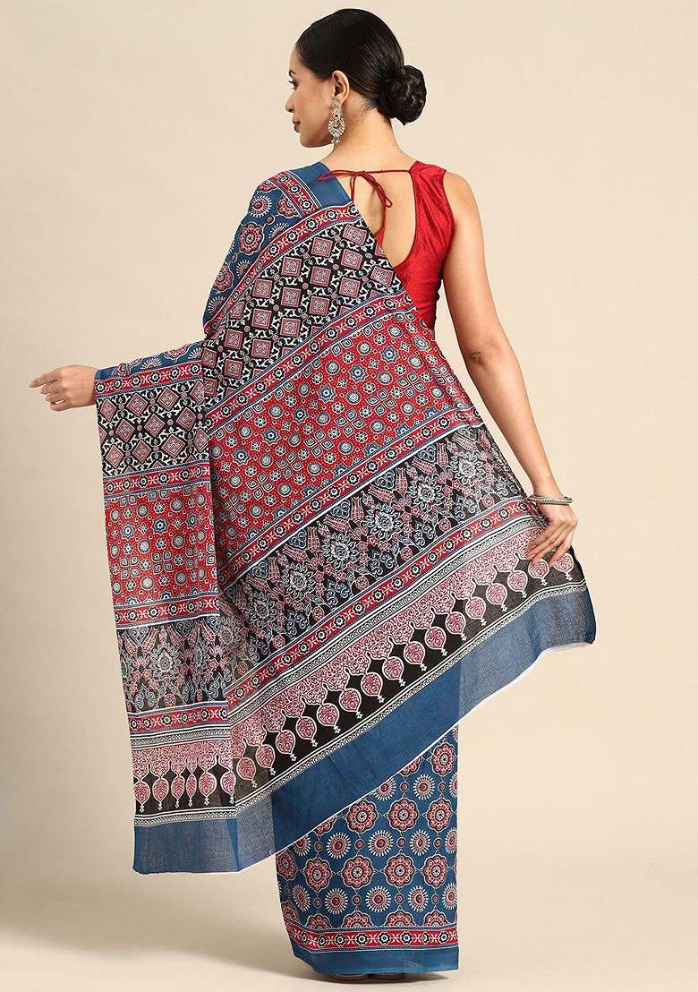 Navy Blue Printed Blended Saree Set - Indya