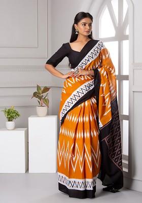 Orange Printed Blended Saree Set