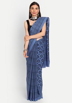 Blue Printed Blended Saree Set
