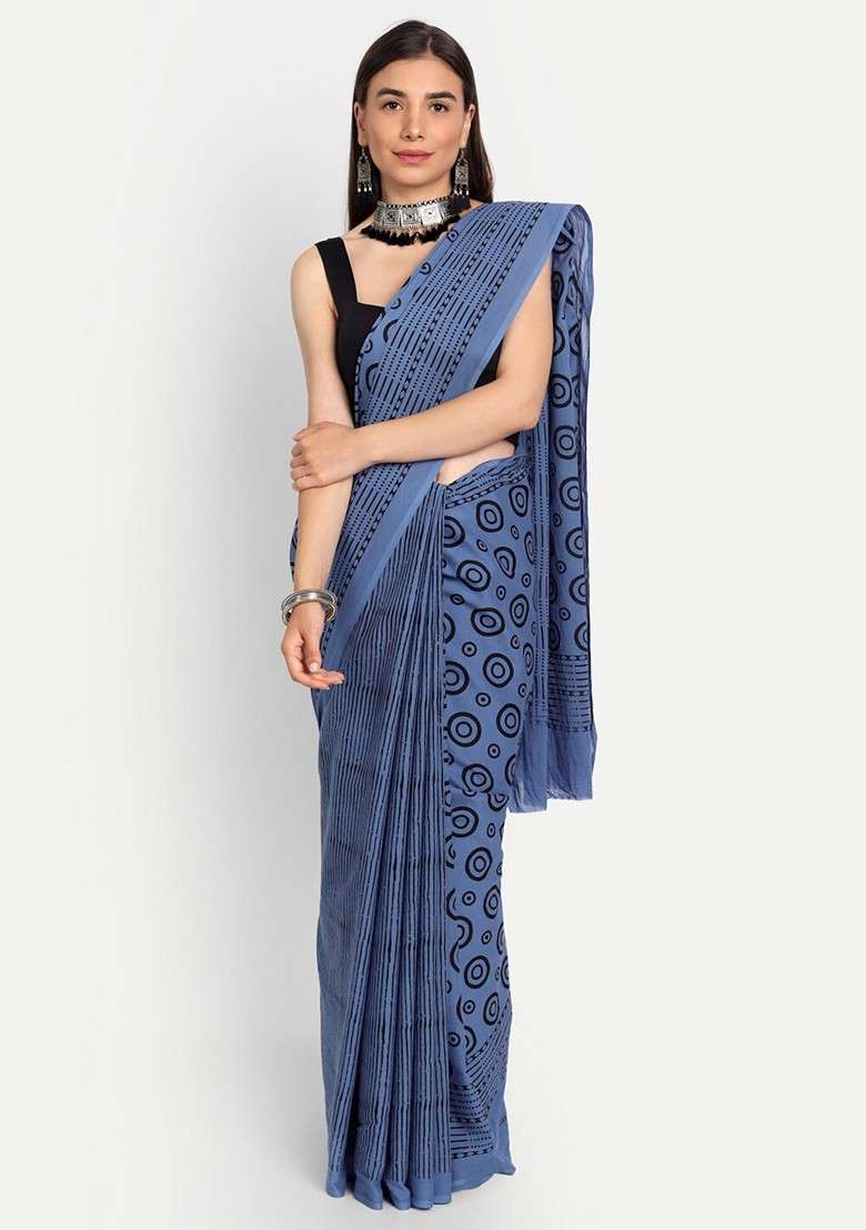 Blue Printed Blended Saree Set - Indya
