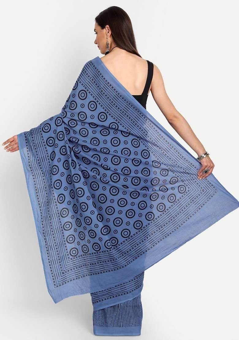 Blue Printed Blended Saree Set - Indya