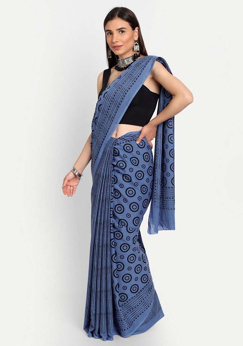 Blue Printed Blended Saree Set - Indya