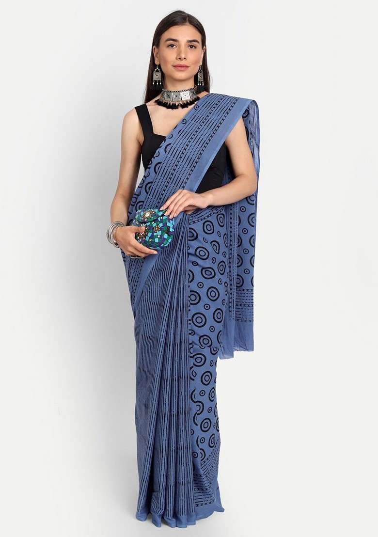 Blue Printed Blended Saree Set - Indya