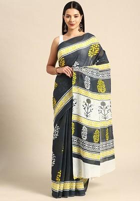Black Printed Blended Saree Set