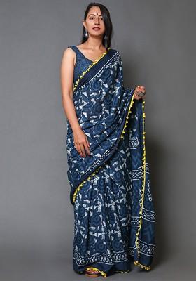 Navy Blue Printed Blended Saree Set