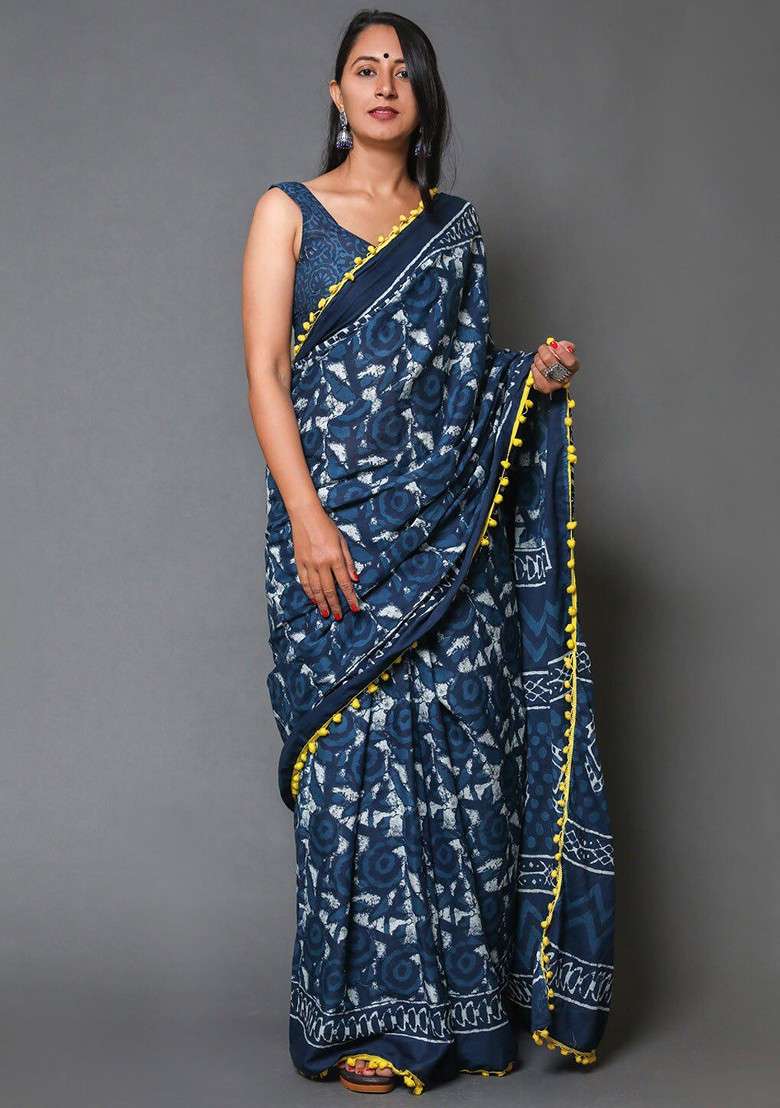 Navy Blue Printed Blended Saree Set - Indya