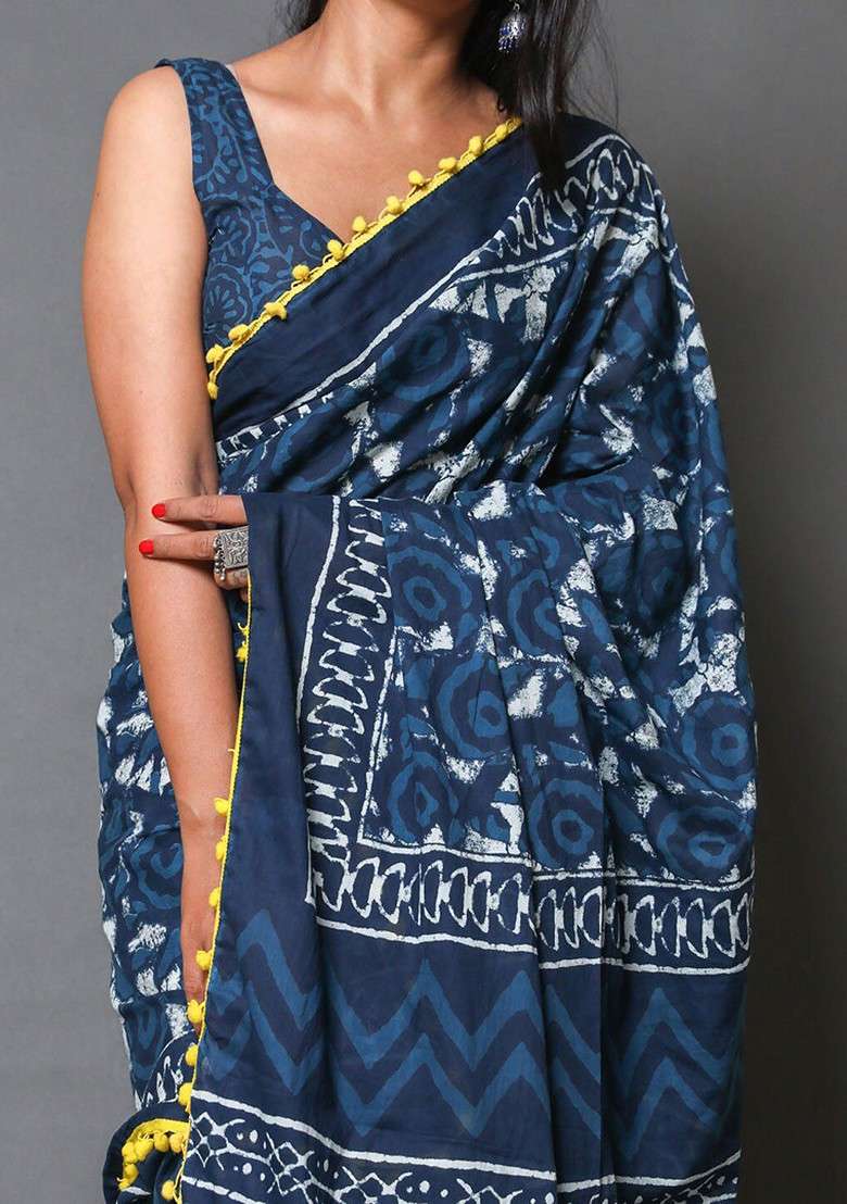 Navy Blue Printed Blended Saree Set - Indya