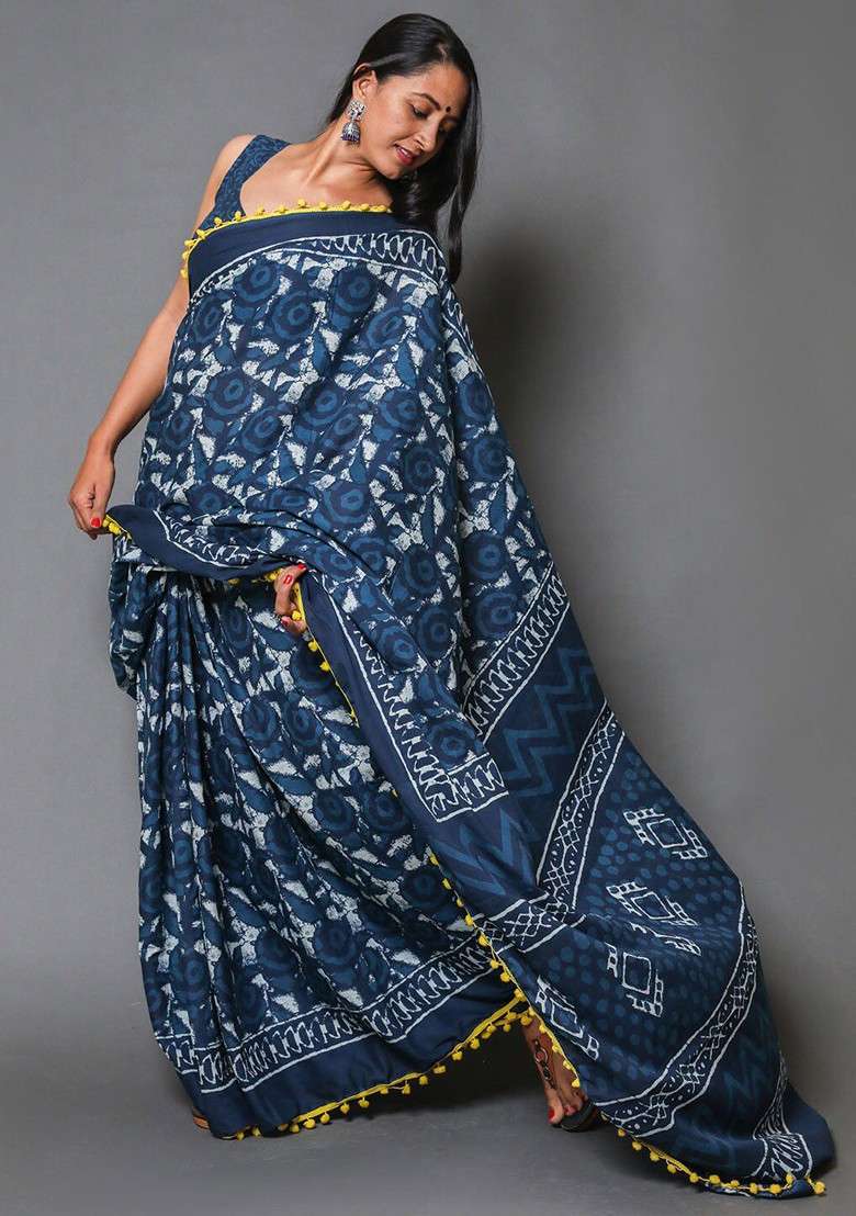 Navy Blue Printed Blended Saree Set - Indya