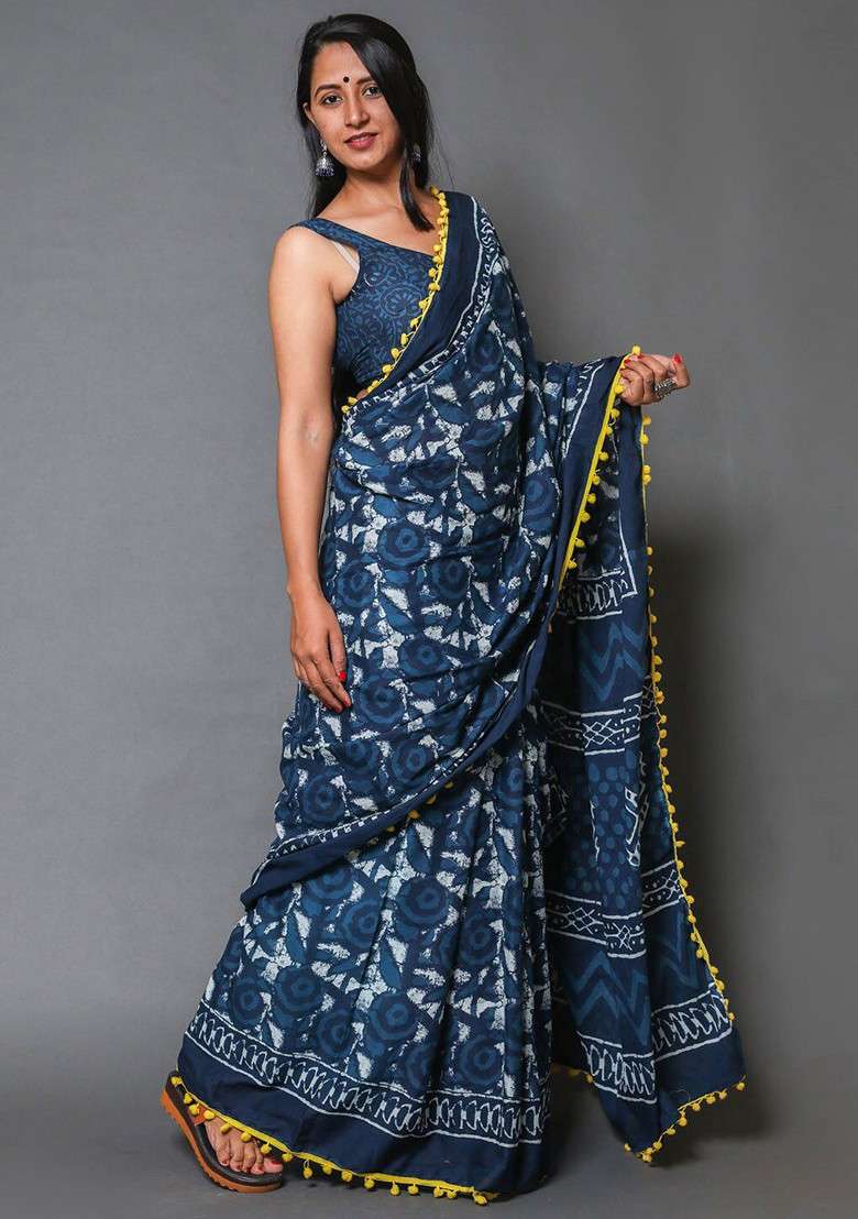 Navy Blue Printed Blended Saree Set - Indya