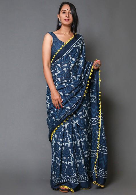 Navy Blue Printed Blended Saree Set