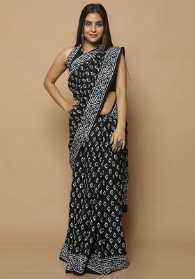 Black Printed Blended Saree Set