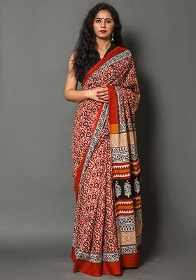 Red Printed Blended Saree Set
