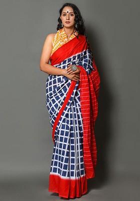 Navy Blue Printed Blended Saree Set