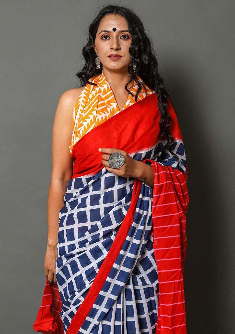 Navy Blue Printed Blended Saree Set - Indya