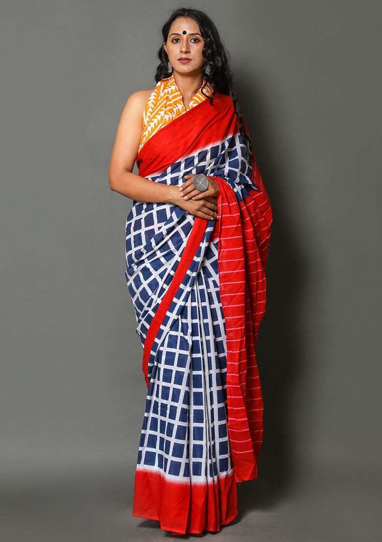 Navy Blue Printed Blended Saree Set - Indya