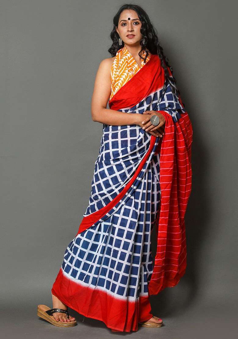Navy Blue Printed Blended Saree Set - Indya