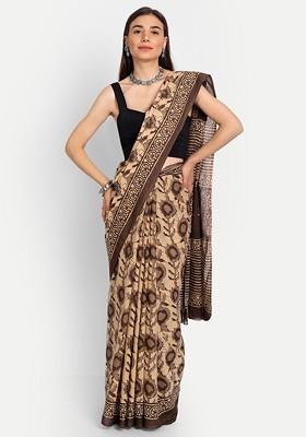 Beige Printed Blended Saree Set