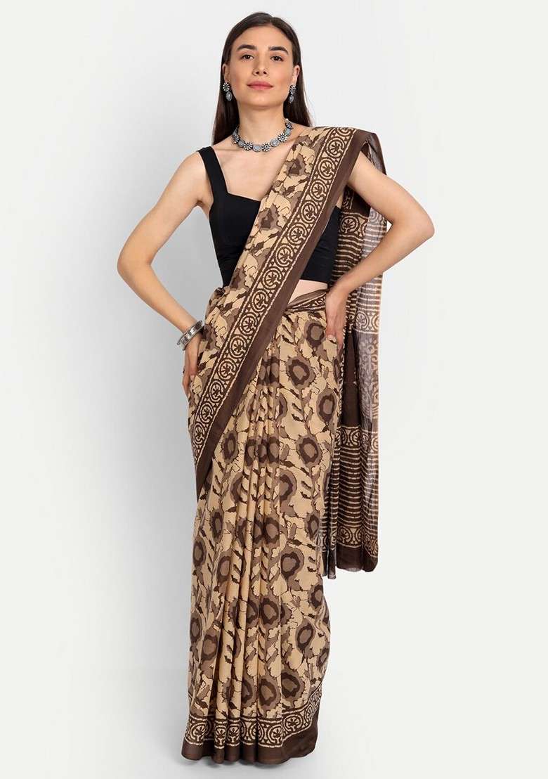 Beige Printed Blended Saree Set - Indya