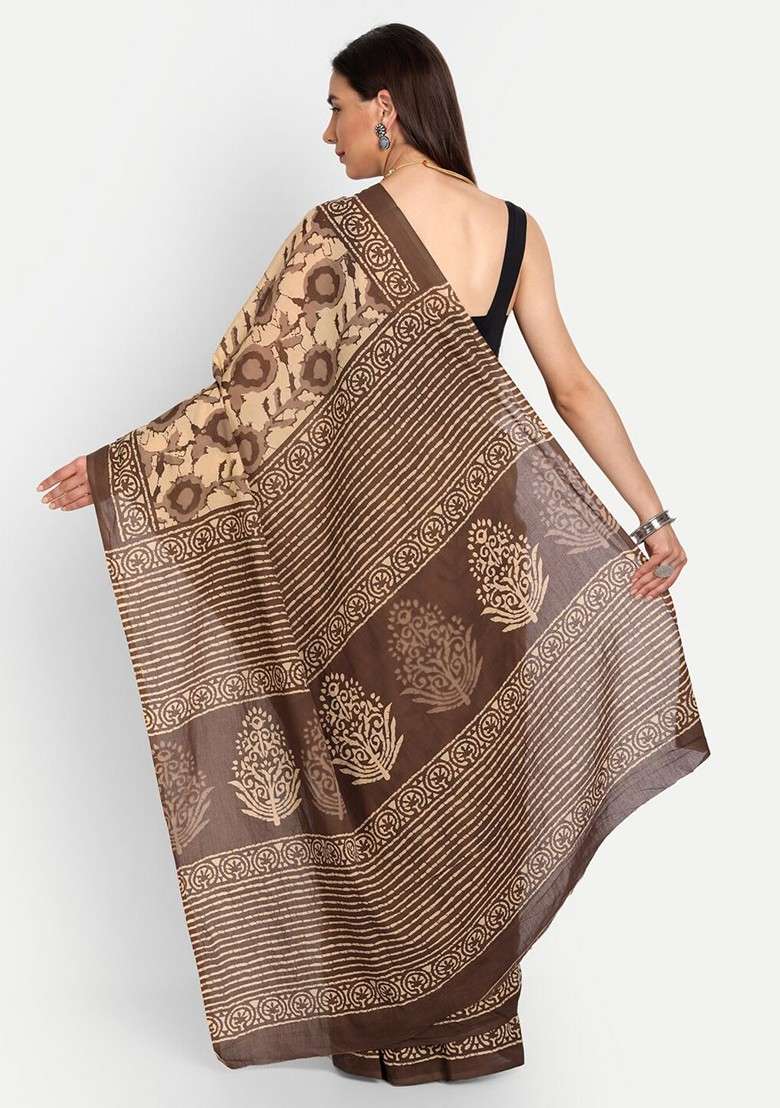Beige Printed Blended Saree Set - Indya