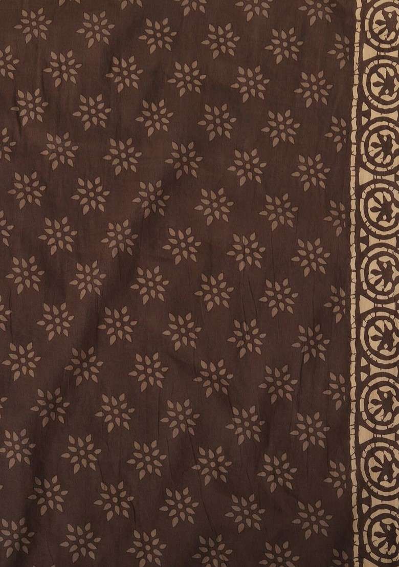 Beige Printed Blended Saree Set - Indya