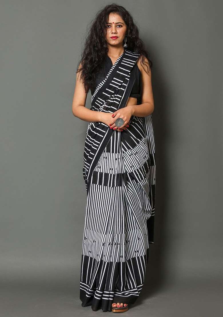 White Embroidered Blended Saree Set - Indya