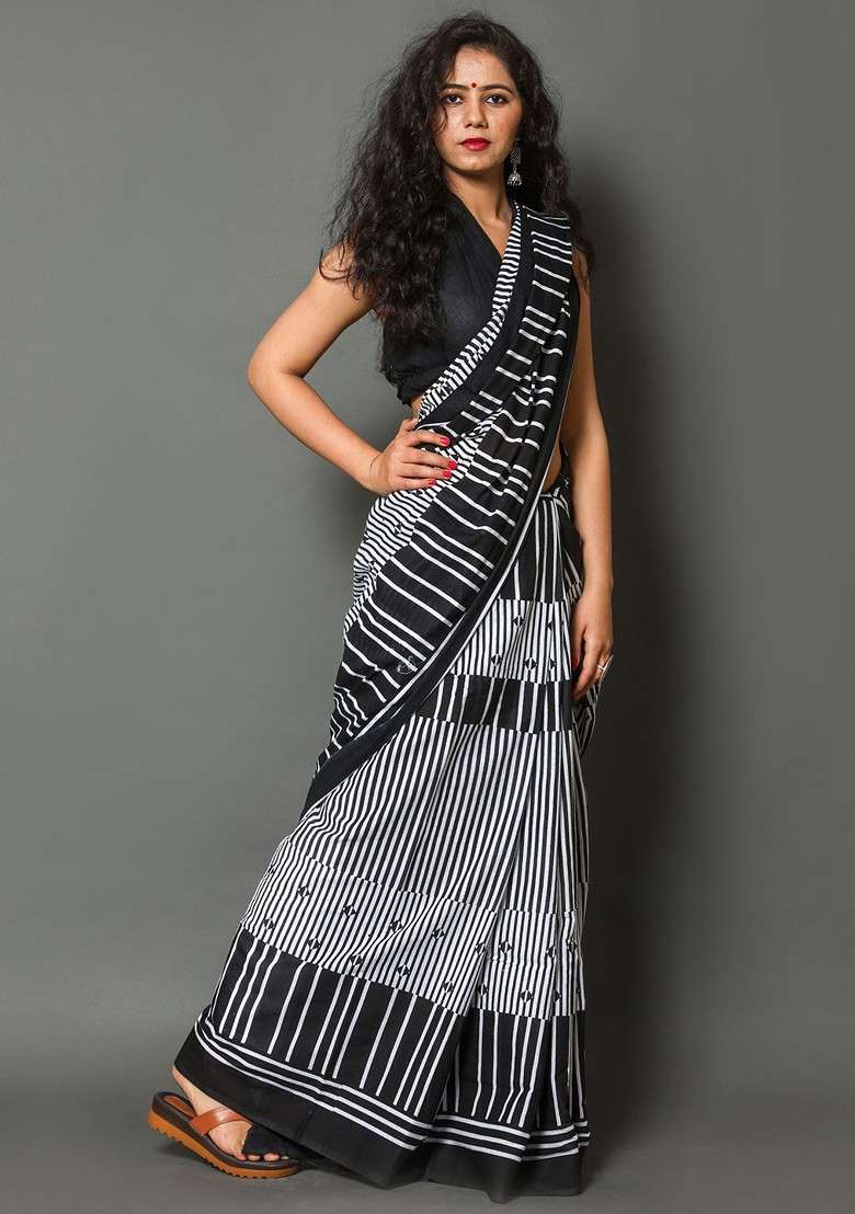 White Embroidered Blended Saree Set - Indya