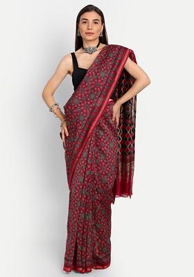 Red Printed Blended Saree Set
