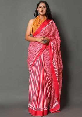 Red Printed Blended Saree Set