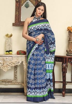 Navy Blue Printed Blended Saree Set