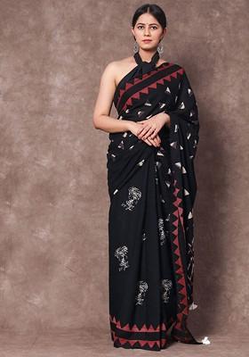 Black Printed Blended Saree Set