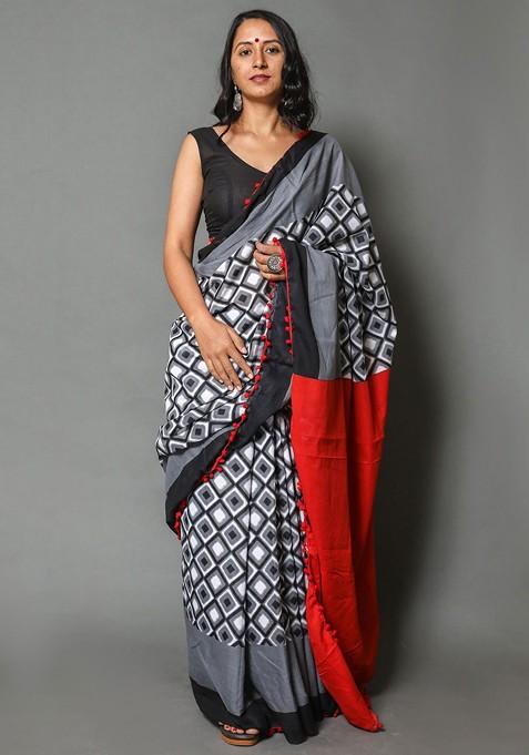 Grey Printed Blended Saree Set