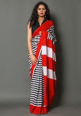 White Embroidered Blended Saree Set