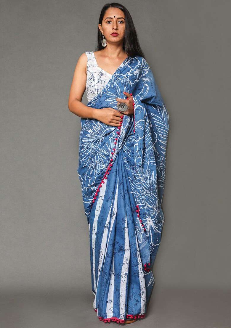 Blue Printed Blended Saree Set - Indya