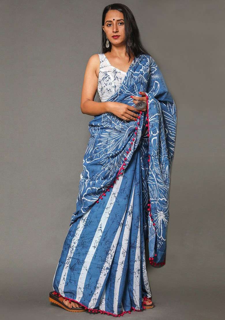 Blue Printed Blended Saree Set - Indya