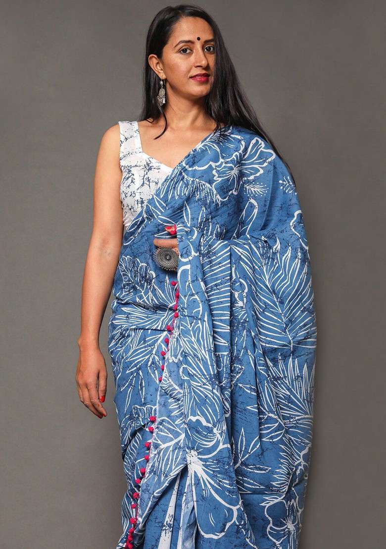 Blue Printed Blended Saree Set - Indya